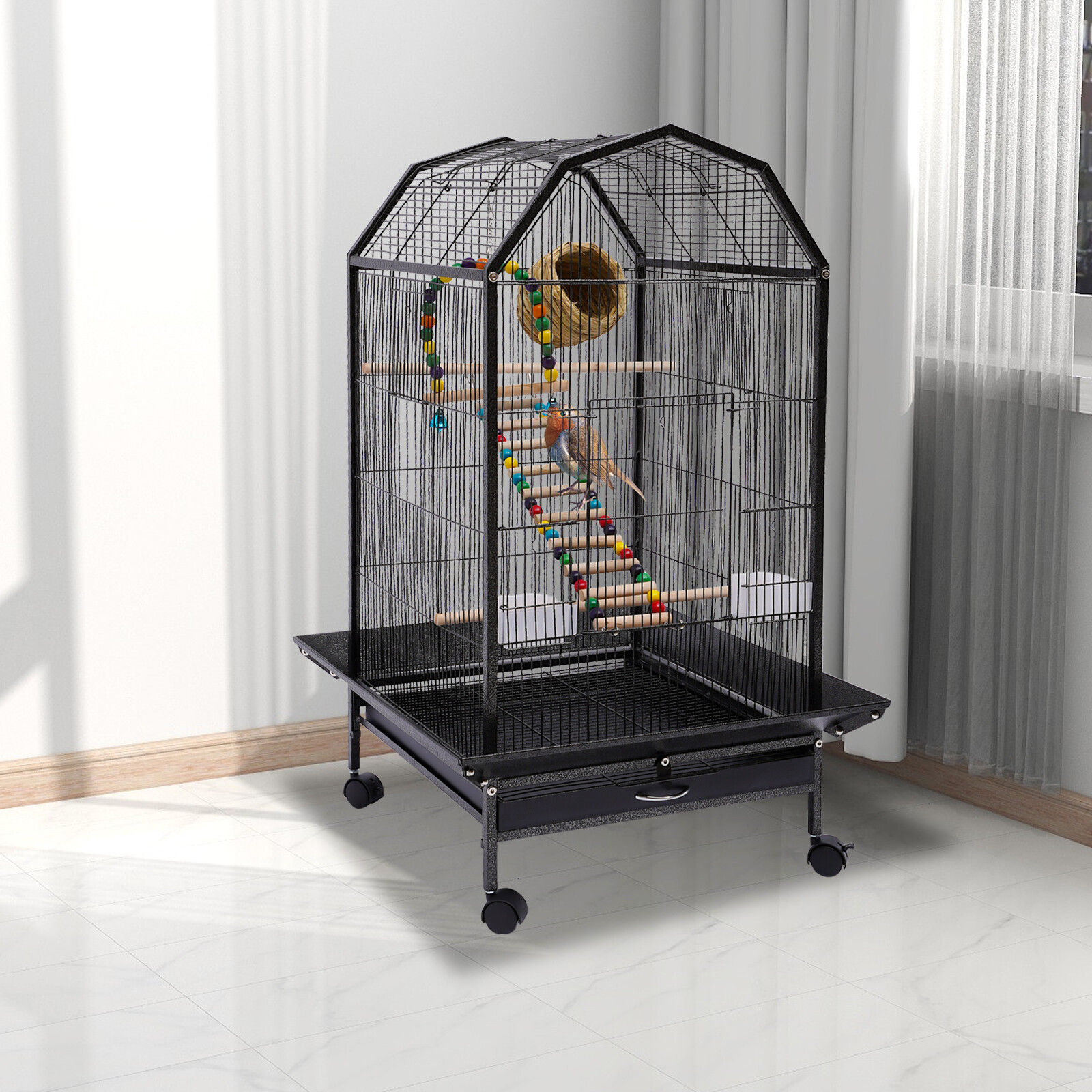 Large Iron Bird Cage w/Play Top Rolling Stand Parrot Cockatiel Macaw