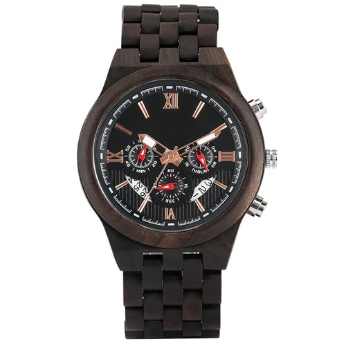 Black Sandalwood Watch Men's Chronograph Wooden Quartz Wristwatch Wood Bracelet - Afbeelding 1 van 8