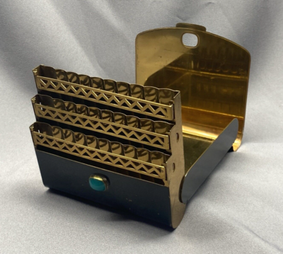 black and gold cigarette case Vintage German Art Deco Black Gold Brass Cigarette Case Card Holder Teal  Stone