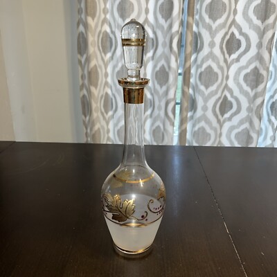 Bohemian Crystalex Glass Gold Leaf Purple Grapes Wine Decanter