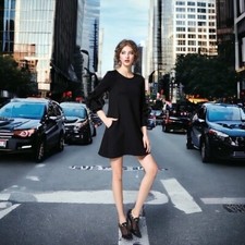 Pure Color Black Three Quarters Cha Cha Sleeve Crew Neck Mini Dress