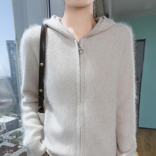 Women's Cashmere Zipper Cardigan Hooded Knit Coat Hoodie Warm Loose Jacket - Picture 8 of 30