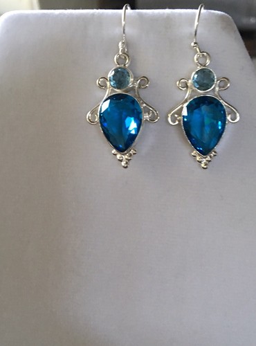 Spectacular Faceted Blue Topaz 925 Silver Dangle Earrrings - Picture 3 of 8
