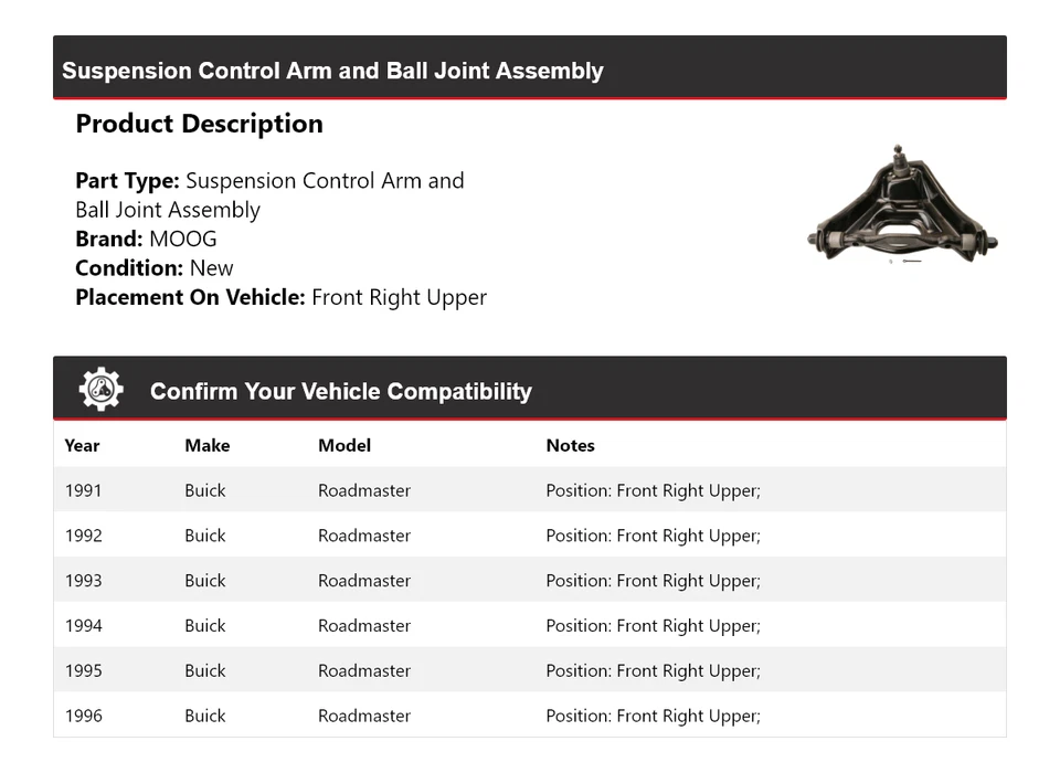 Brazo de control delantero derecho superior MOOG 1991-1996 Buick Roadmaster 1991 1992 1993 Foto 2 de 4