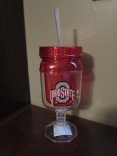 THE OHIO STATE UNIVERSITY STEMMED PLASTIC WINE BEVERAGE GLASS W/ LID & STRAW