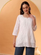 White Cotton Chikankari Short Kurta, Handmade Lucknowi Chikankari Tunic Top