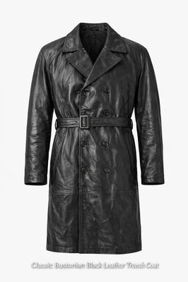 ジャケット・アウター vintage gimmick leather trench coat Vintage Bostonian Black Leather Belted Trench Coat Calf Length XL