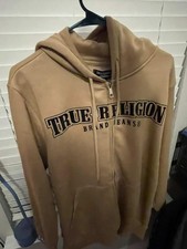 True Religion Brand Jeans Hoodie Beige Graphic Print Full Zip, Men's Size L