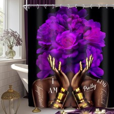 African American Shower Curtain 60Wx72L Inch Purple Black Girl Women Flower P...