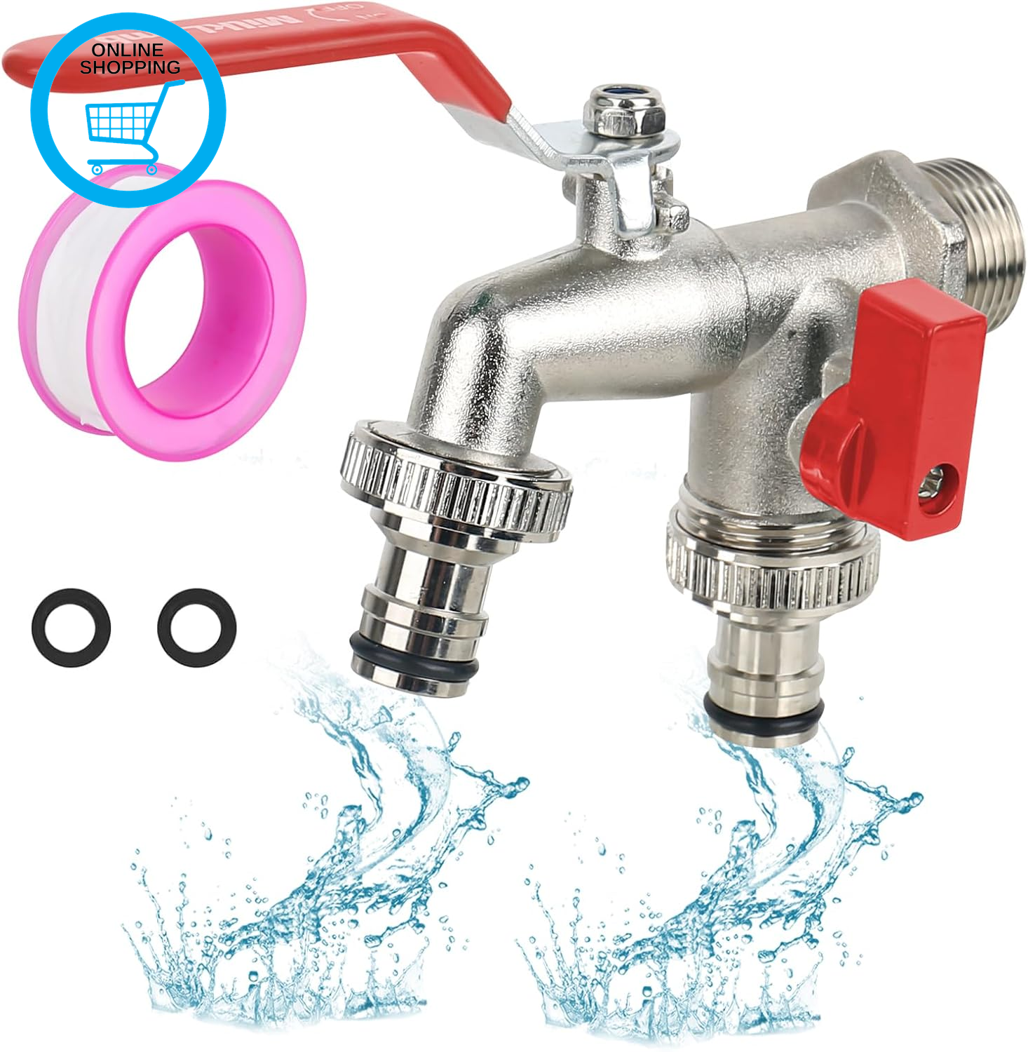 3/4'' Brass Double Water Tap, Double Garden Tap Rust and Frost Resistant + 2 Hos