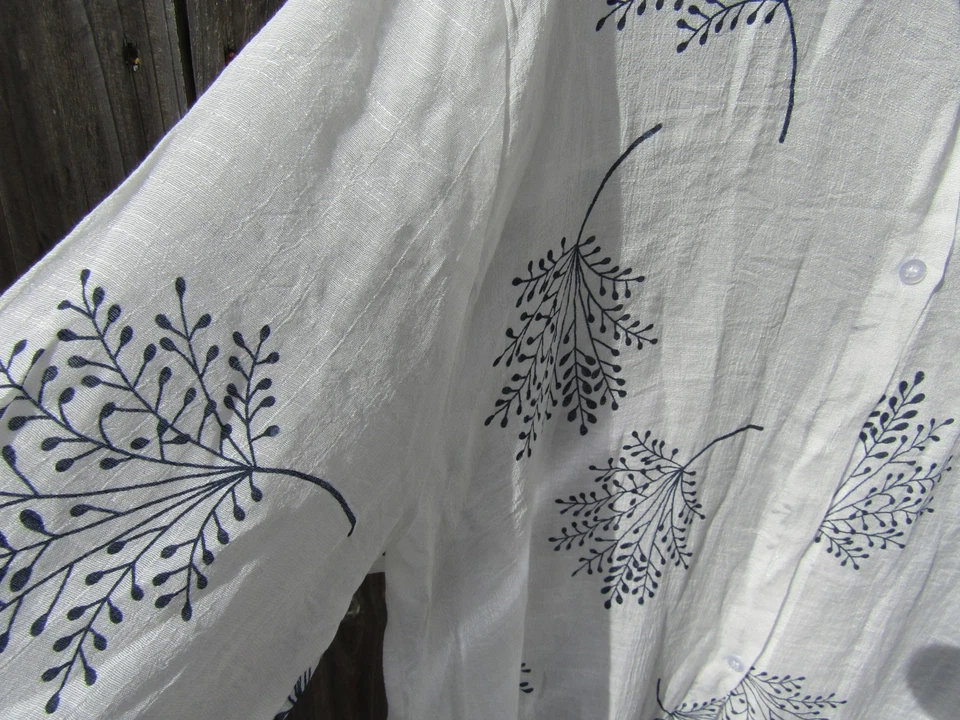 Chic White Long Sleeve Button Down Shirt Blue Leaf Print Blouse Women's Casual T - Image 2 of 4