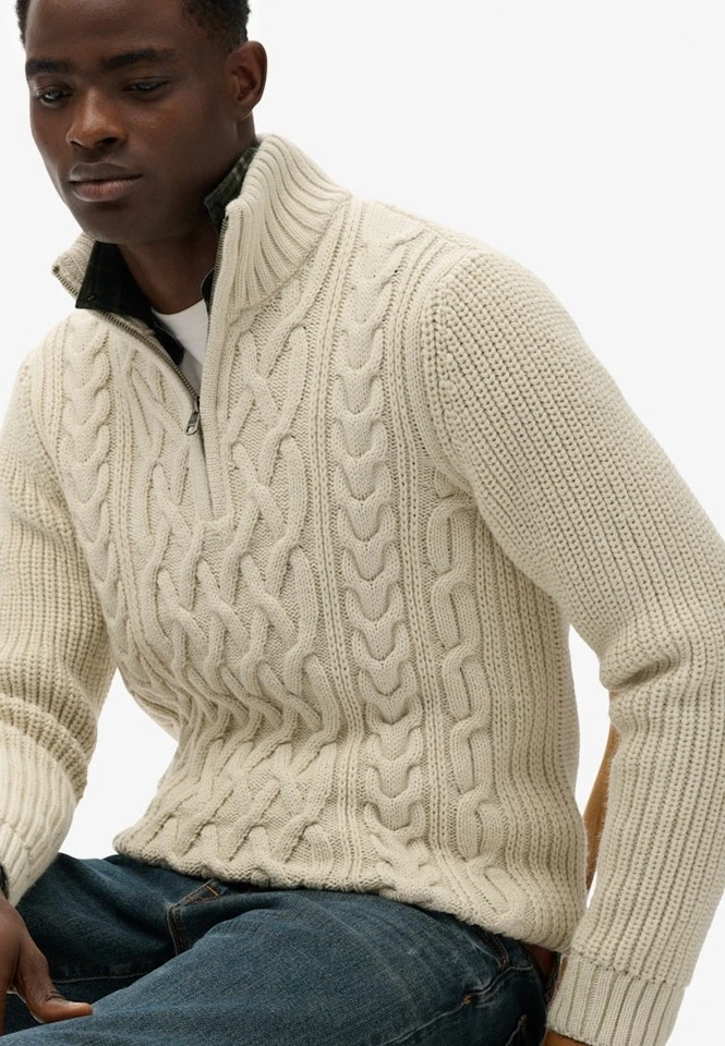 Superdry Jumper Half Zip Cable Knit Long Sleeve Pullover Wool Mix Ecru Cream - Image 3 of 4