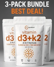 3-PACK Vitamin D3 + K2 2-in-1 5000 IU D3 + 100mcg K2 300 Softgels Bone/Immune