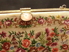 VINTAGE PETIT POINT EVENING BAG PINK JADE CLASP 1950s 60s Hand Embroidered Purse