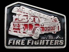 NA03141 VINTAGE 1970s U.S.A. FIRE FIGHTERS FIRETRUCK PEWTER BELT BUCKLE