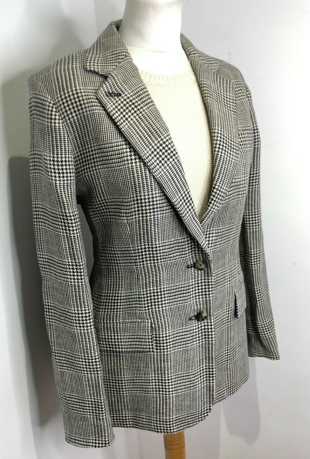 BNWT Holland & Holland linen tweed check blazer jacket 12 NEW fitted blue cream