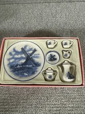 Miniature China Tea Play Set Blue Delft Style Holland Windmill Swans Scene