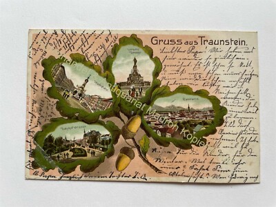 Postcard litho greeting from Traunstein oak leaf 1904