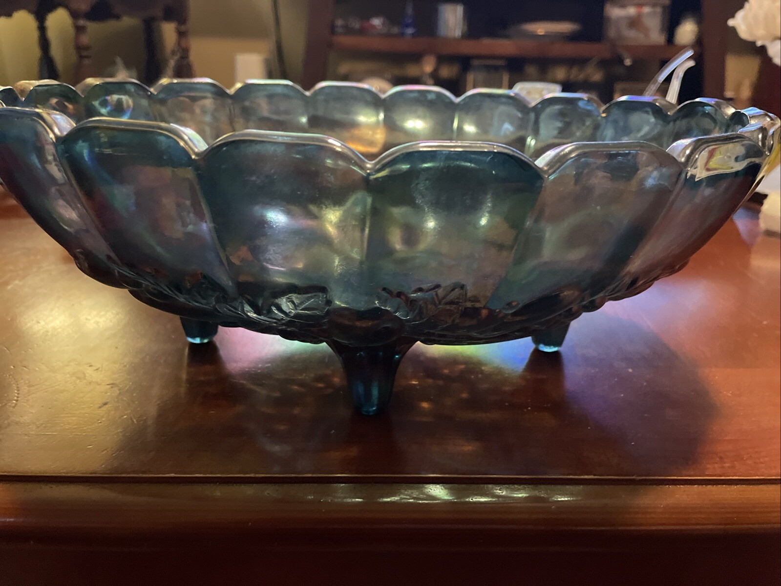 Vintage Blue Iridescent Carnival Glass Grape Bowl 12 Inch