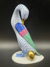 HEREND Porcelain Large GOOSE BIRD with Gold Egg Blue Fishnet Figurine
