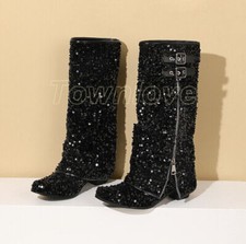 Glitter Sequin Clubwear Party Boots Womens Block Heel Pull on Knee High Boots Sz