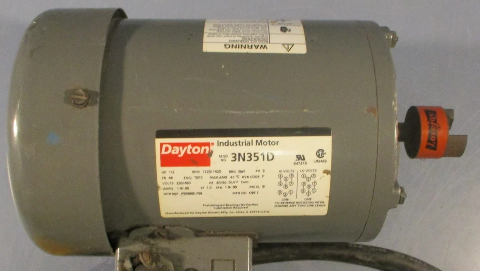 Dayton 3N351D Industrial Motor 3PH 1725/1425RPM 1/2HP 1/2" Shaft Dia - Image 2 of 4