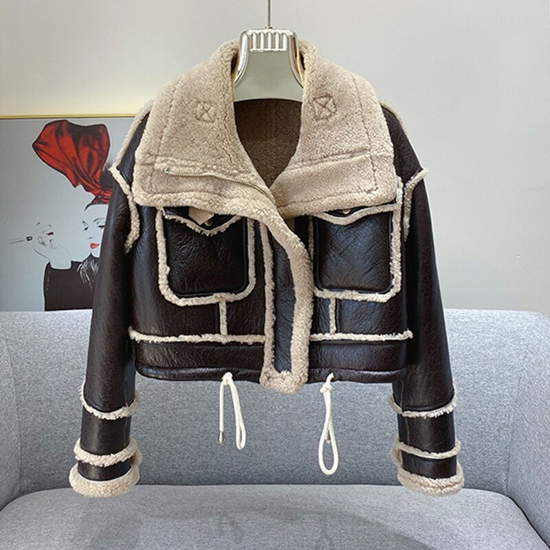 Women Real Lamb Fur Jackets Winter Shearling Coats Crop Leather
