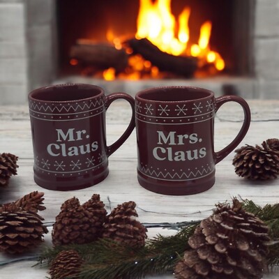 New! Set Of 2 Couple Christmas Mr & Mrs Claus Coffee Red Mug North Pole Trading