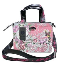 Ed Hardy Denim Tote Crossbody Satchel Bag Denim Pink Tattoo Skull Rhinestones