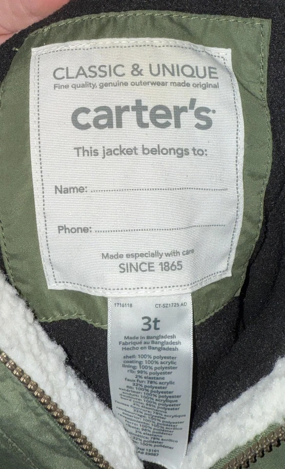 Carter's Jacket Boys 3T Green Parka Hooded Faux Fur Trim Sherpa Lined Winter - Image 3 of 3