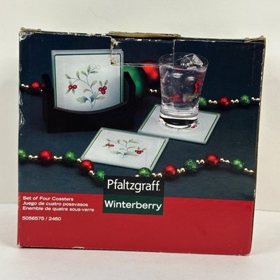 2010 Pfaltzgraff Winterberry Set of 4 Glass Coasters with Holder