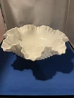 Vintage Fenton Glass Serving Bowl Hobnail White Milk Glass Crimped 11 3/4" D