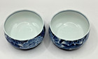 Vintage Japanese Yunomi Set of 2 Porcelain Teacups Hand Painted Blue & White Peo — photo 4