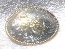 Silver Gold Western Small Bull Rider Belt Buckle Gold Rope Edge Oval Shape Nice