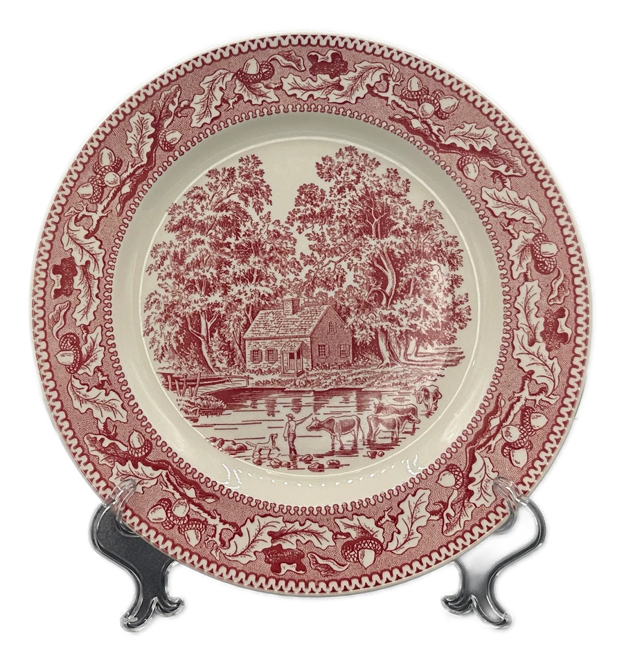Royal China Memory Lane Pink Dinner Plate Acorns Transferware USA VTG Set of 4 - Image 3 of 4