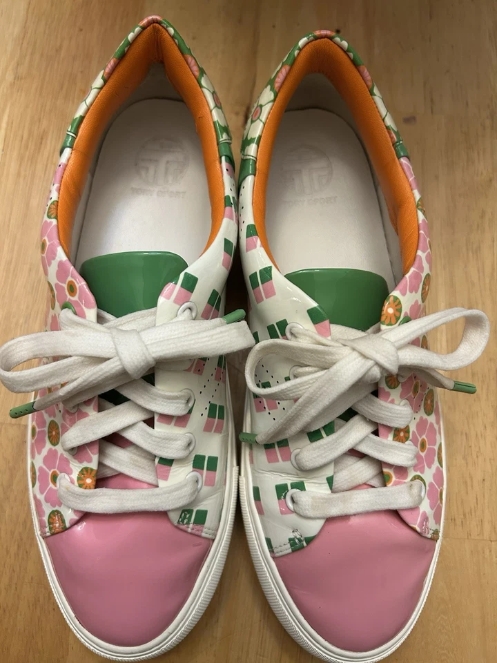 Zapatos de golf Tory Burch florales de cuero rosa y verde talla 6 M para mujer usados Foto 4 de 4
