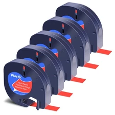 5PK Black on Red Plastic Label Tape Refills 12mm x 4m for DYMO LetraTag 91333