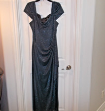 NWOT Alex Evenings Gray Glitter Draped Shoulder Cowl Neck Stretch Dress Gown 14