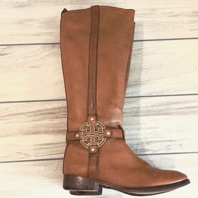 Tory Burch Amanda Riding Boot Women Tan Pebbled Leather Gold Logo Good Condition