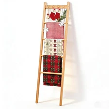 Beech Wood Blanket Ladder 5.3ft Natural Farmhouse Quilt Holder with Top Hooks