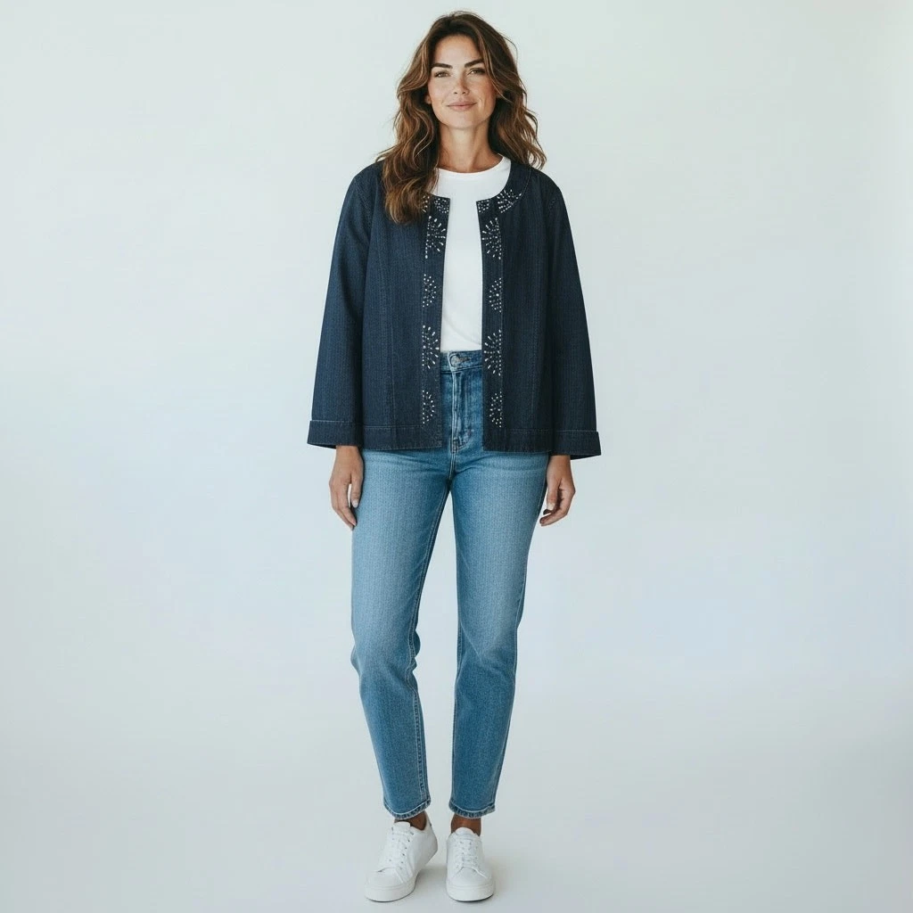 Veste En Jean Liz Wear Bleue Et Beige - Taille M, Occasion Très Bon état - Fermeture Boutons