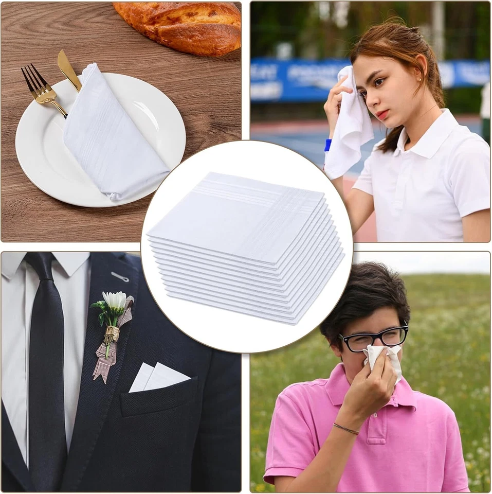 12 Pañuelos Hombre Pañuelos 16"X16" Pulgadas 100% Algodón Blanco Bolsillo Cuadrados Foto 3 de 4