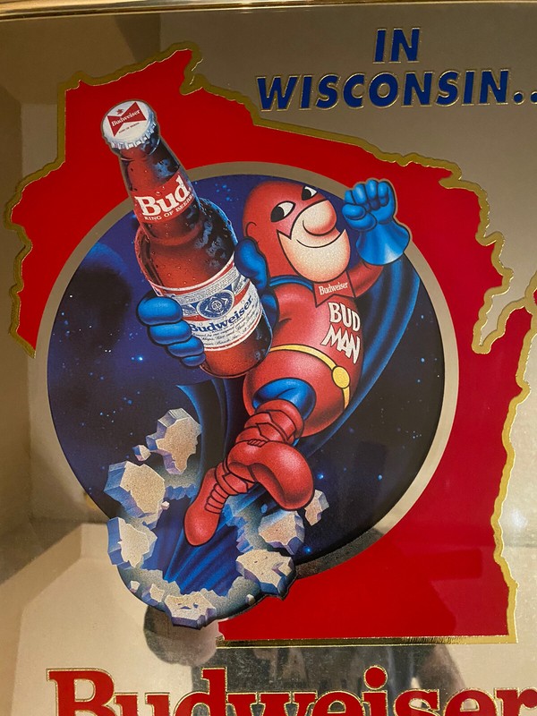 Vintage Budweiser Beer Flying Bud Man Wisconsin Mirror Bar Budman Sign 1991