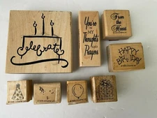 Lot of 8 Birthday Themed Wood Stamps --Variety of Brands