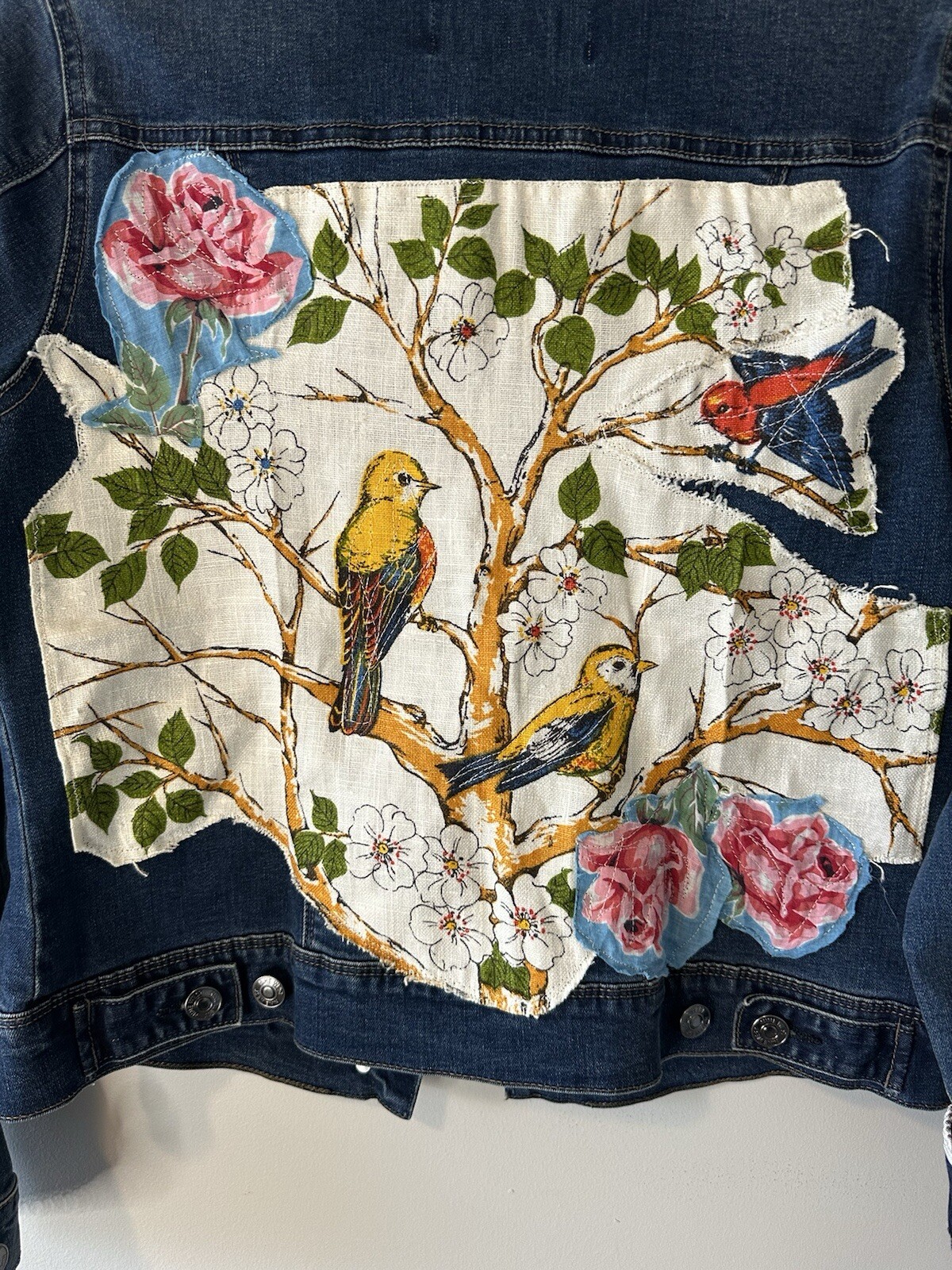 Custom Denim Jacket Beautiful Patchwork Birds Flo… - image 5