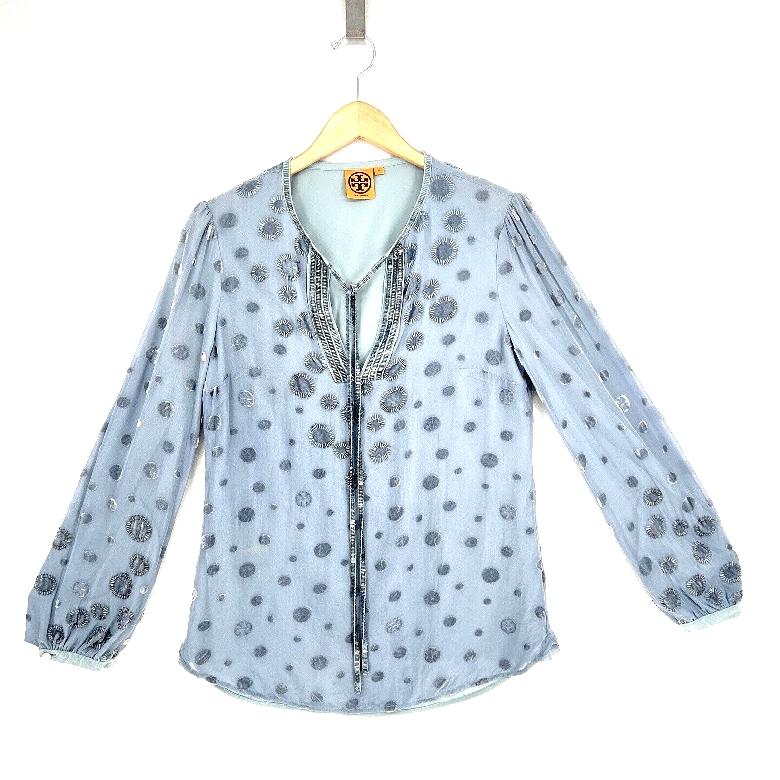 Tunica Tory Burch Angela taglia 8 blusa manica a palloncino blu con perline a pois velluto
