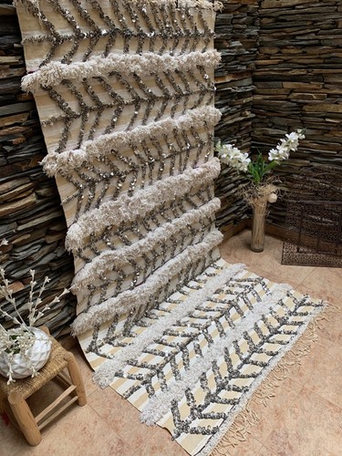 Moroccan Vintage Handira Wedding Blanket Handmade Berber Sequins Rug 03YS00451 - Picture 5 of 12