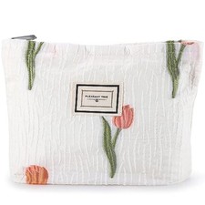 Tulip Makeup Bag Travel Cute Floral Cosmetic Bags for Women Large White Tulip