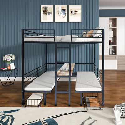 Steel Full Size Loft Bed with Table Set Transformable To Full Over Full Bunk Bed