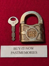 "SAFE" LOCK co. BRASS WARDED PADLOCK w/ KEY, OLD VINTAGE ANTIQUE LOCKS